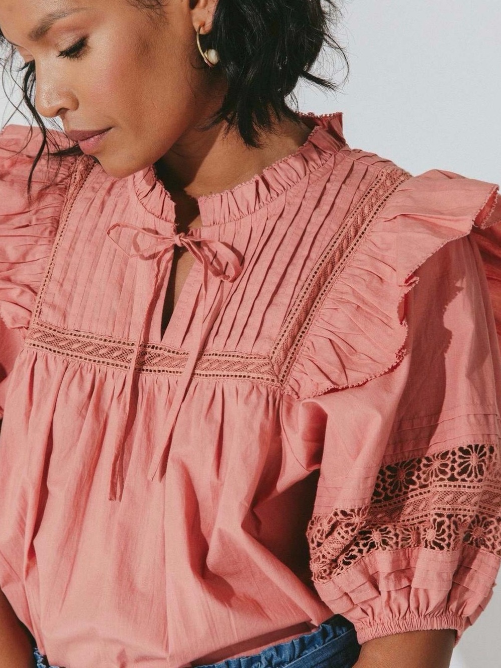 Cleobella Pink Ruffled Pintuck Tie-Neck Blouse